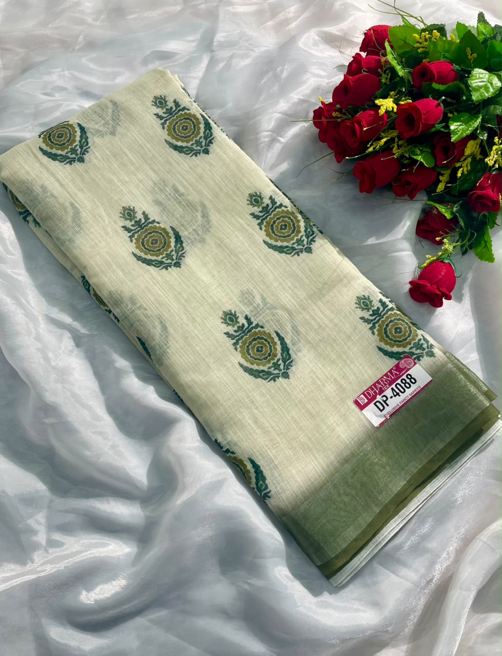 DP-4088 DULL MOSS FABRIC SAREE WITH RICH PALLU DESIGN WITH FLORAL DESIGN ON SAREE WITH BLOUSE