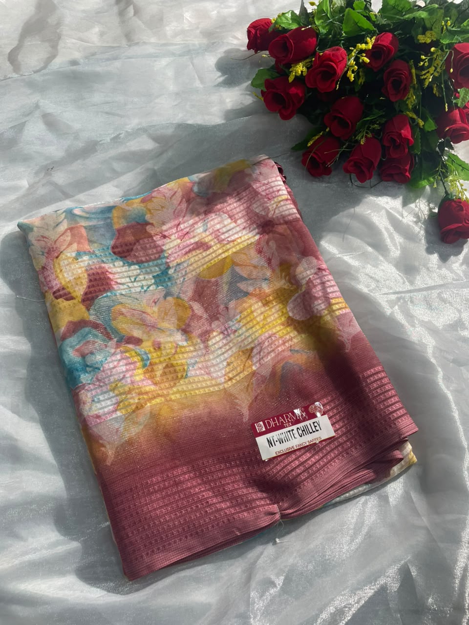 NT-WHITE CHILLEY WEIGHTLESS DOBBY FABRIC  SAREE WITH WHITE CHILLEY DESIGN WITH BLOUSE