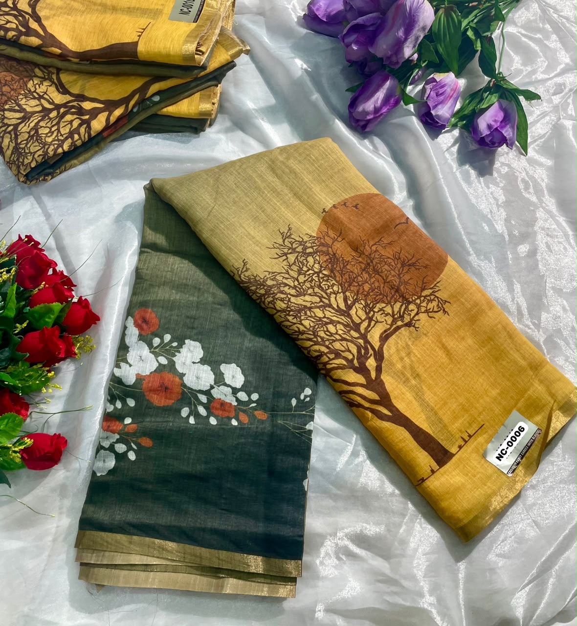 NC-0006 LINEN DIGITAL FABRIC SAREE WITH BEAUTIFUL DIFFRENT DESIGN WITH CATLOG DESIGN WITH BLOUSSE
