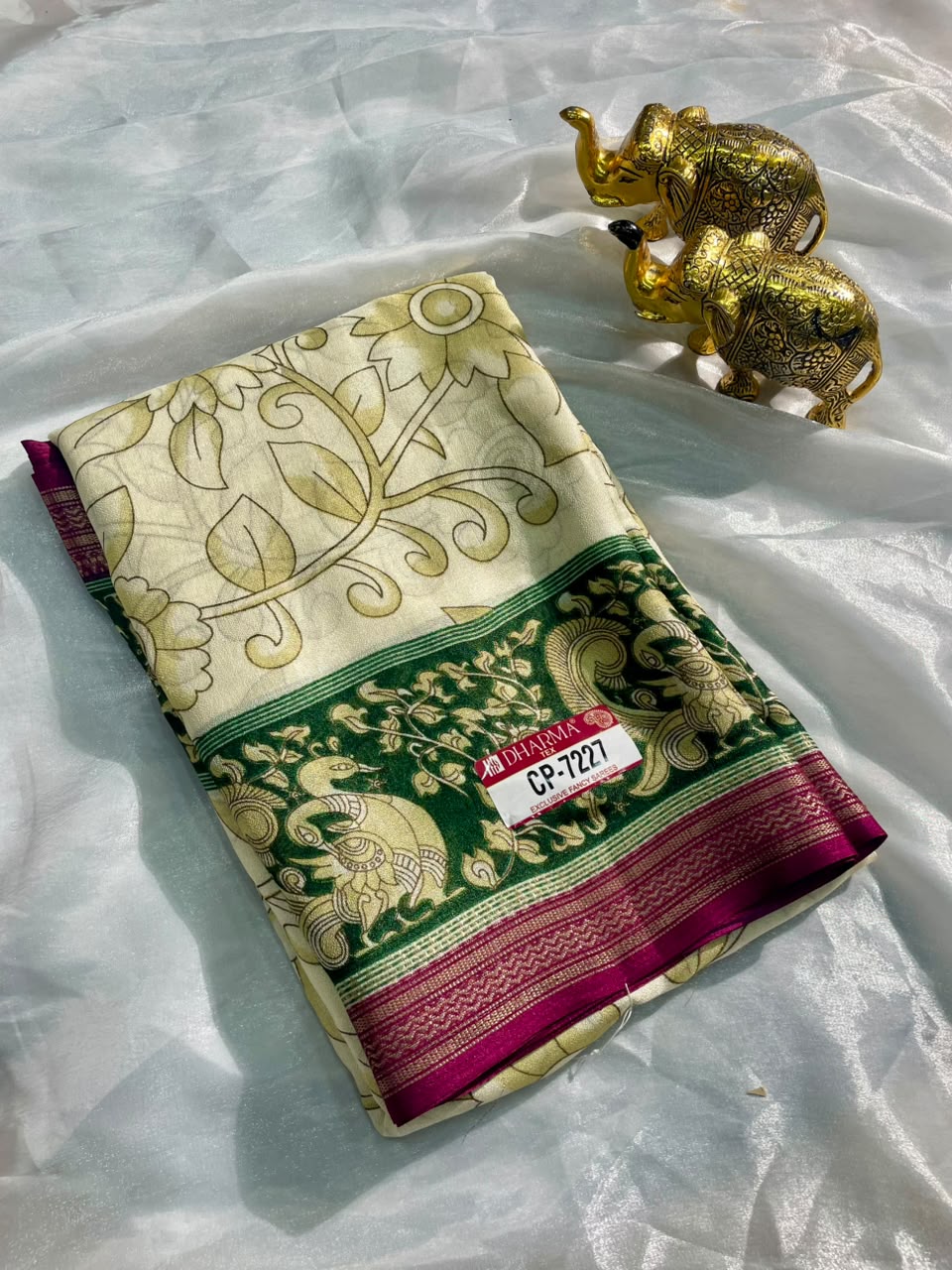 CP-7227 BURJ KHALIFA FABRIC SAREE WITH RICH PALLU DESIGN WITH BEAUTIFUL PRINT ON PALLU WITH PEACOCK DESIGN ON BORDER WITH FLORAL DESIGN ON BODY WITH BLOUSE