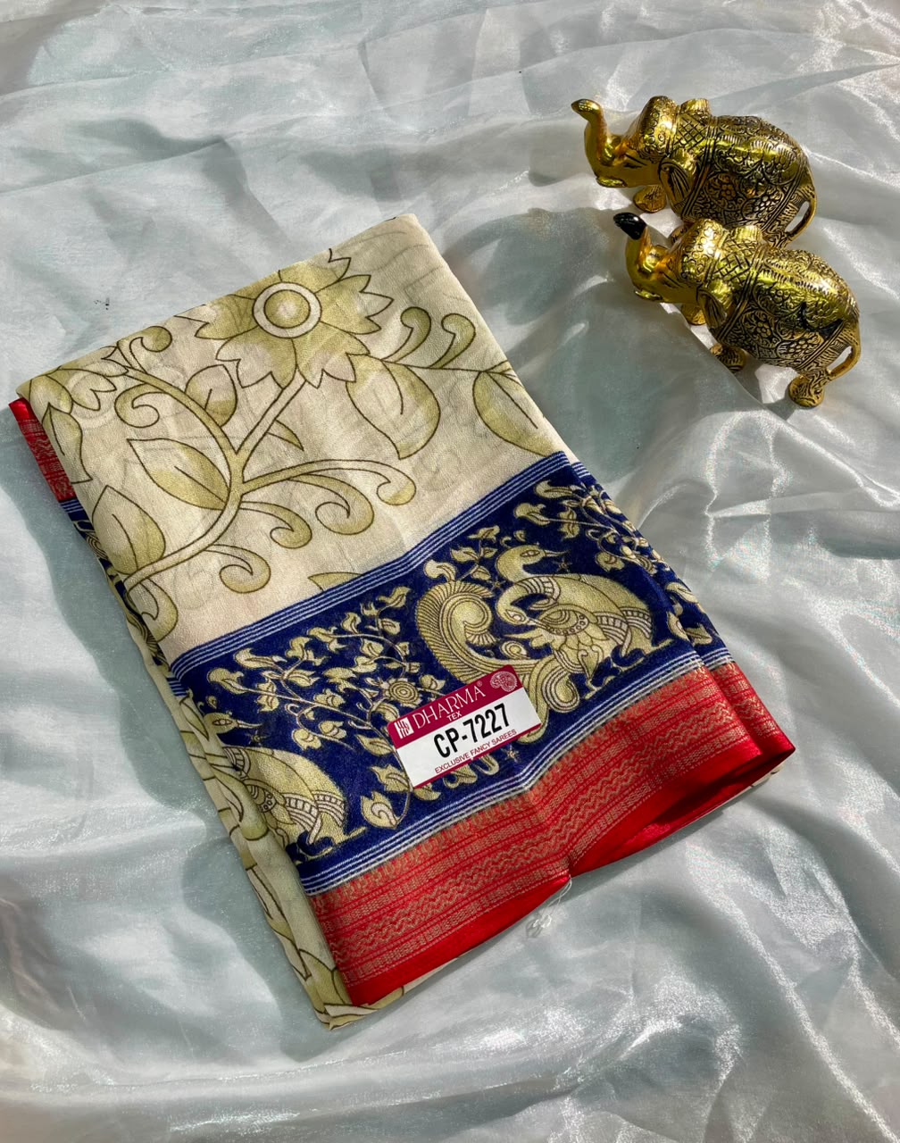 CP-7227 BURJ KHALIFA FABRIC SAREE WITH RICH PALLU DESIGN WITH BEAUTIFUL PRINT ON PALLU WITH PEACOCK DESIGN ON BORDER WITH FLORAL DESIGN ON BODY WITH BLOUSE
