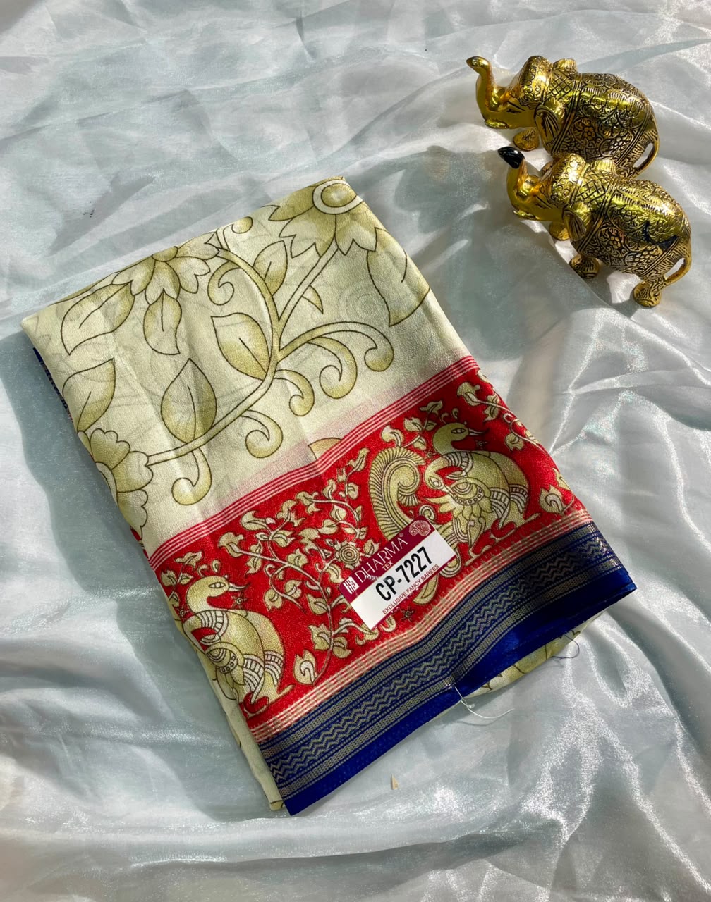CP-7227 BURJ KHALIFA FABRIC SAREE WITH RICH PALLU DESIGN WITH BEAUTIFUL PRINT ON PALLU WITH PEACOCK DESIGN ON BORDER WITH FLORAL DESIGN ON BODY WITH BLOUSE