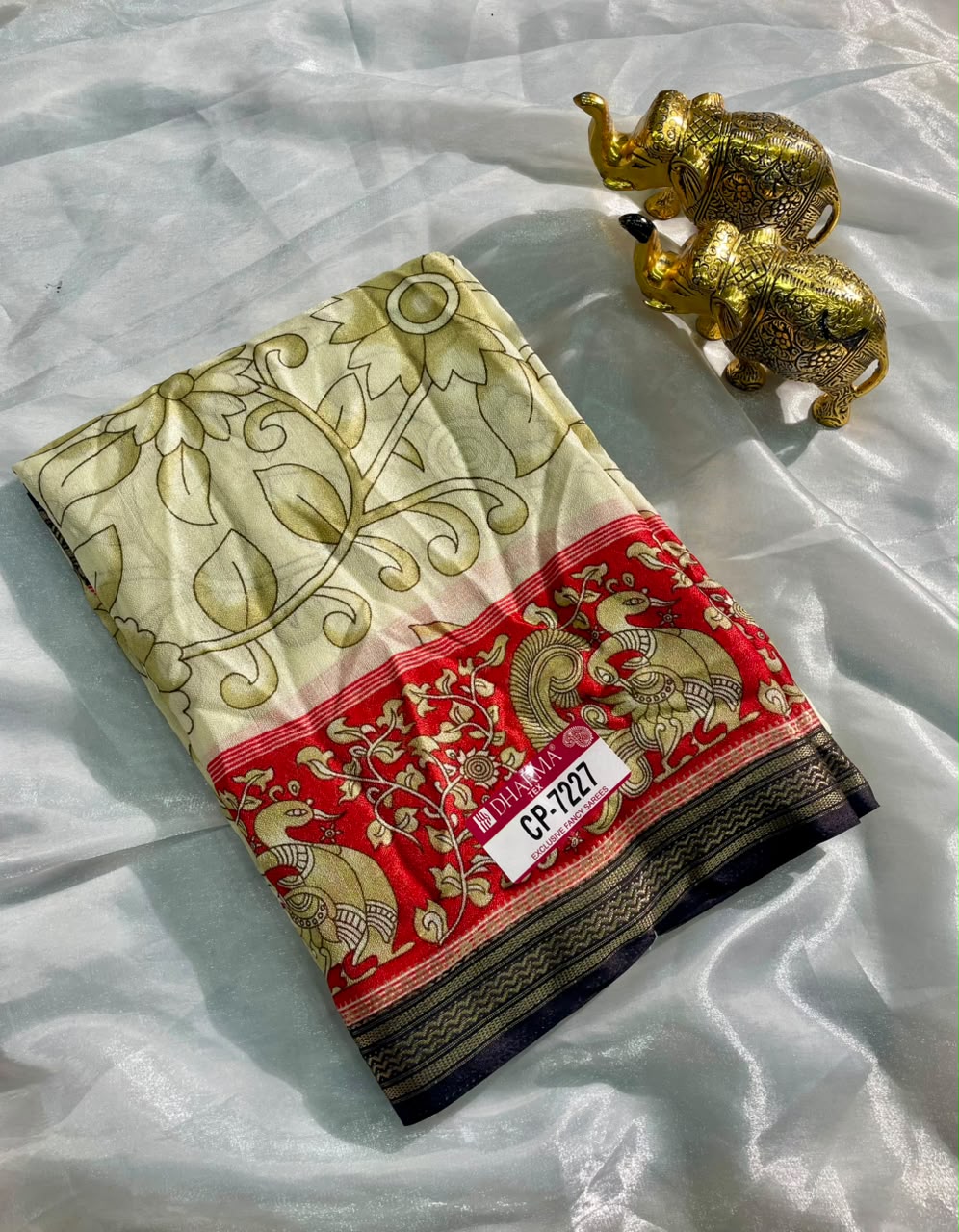 CP-7227 BURJ KHALIFA FABRIC SAREE WITH RICH PALLU DESIGN WITH BEAUTIFUL PRINT ON PALLU WITH PEACOCK DESIGN ON BORDER WITH FLORAL DESIGN ON BODY WITH BLOUSE