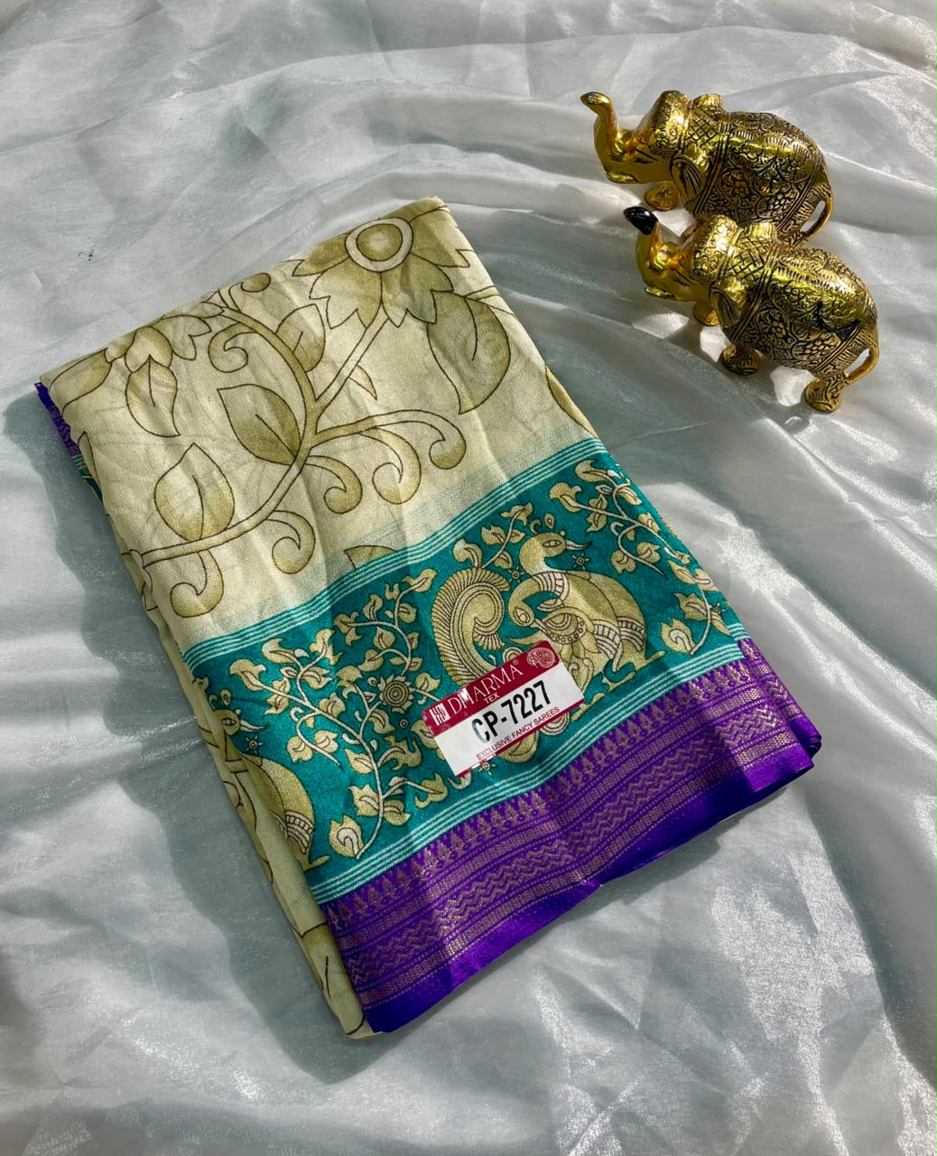 CP-7227 BURJ KHALIFA FABRIC SAREE WITH RICH PALLU DESIGN WITH BEAUTIFUL PRINT ON PALLU WITH PEACOCK DESIGN ON BORDER WITH FLORAL DESIGN ON BODY WITH BLOUSE