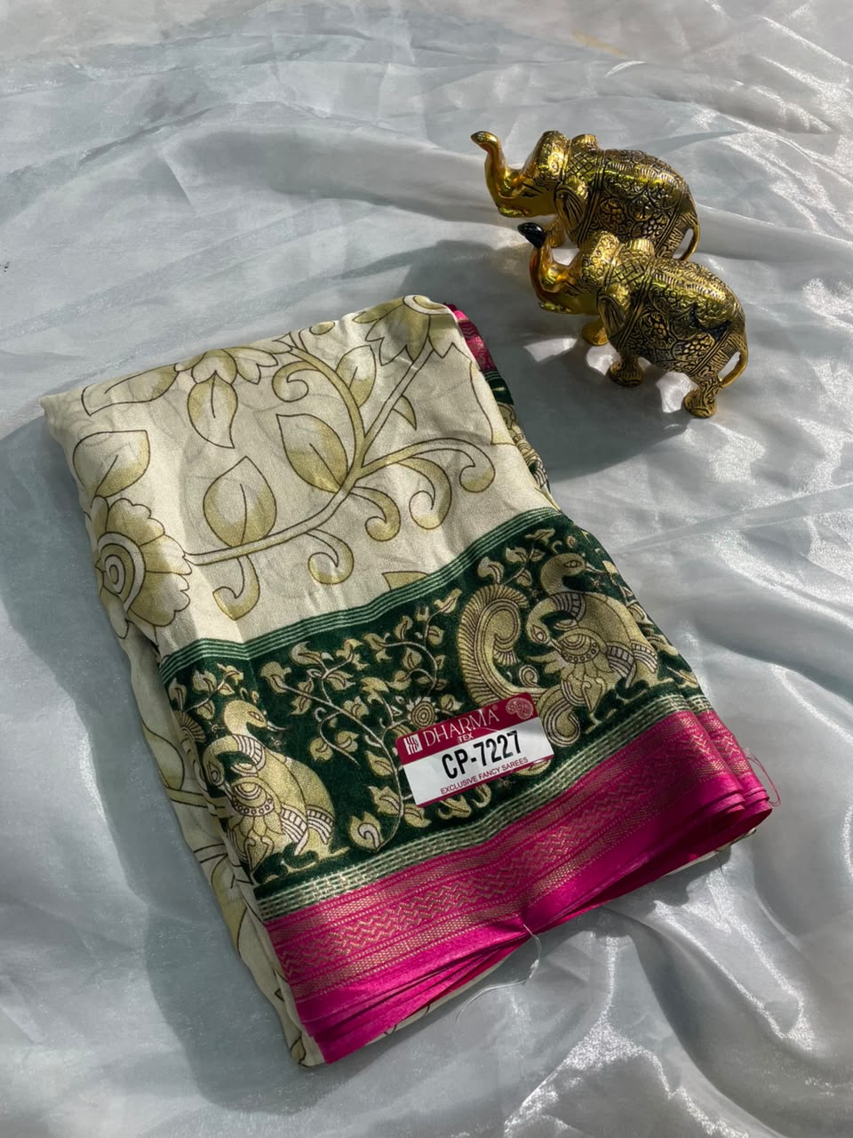 CP-7227 BURJ KHALIFA FABRIC SAREE WITH RICH PALLU DESIGN WITH BEAUTIFUL PRINT ON PALLU WITH PEACOCK DESIGN ON BORDER WITH FLORAL DESIGN ON BODY WITH BLOUSE