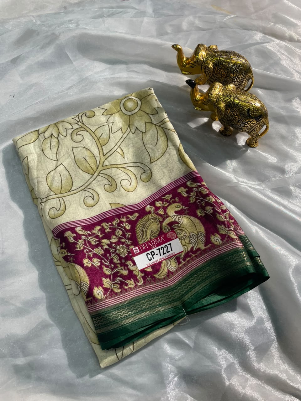 CP-7227 BURJ KHALIFA FABRIC SAREE WITH RICH PALLU DESIGN WITH BEAUTIFUL PRINT ON PALLU WITH PEACOCK DESIGN ON BORDER WITH FLORAL DESIGN ON BODY WITH BLOUSE