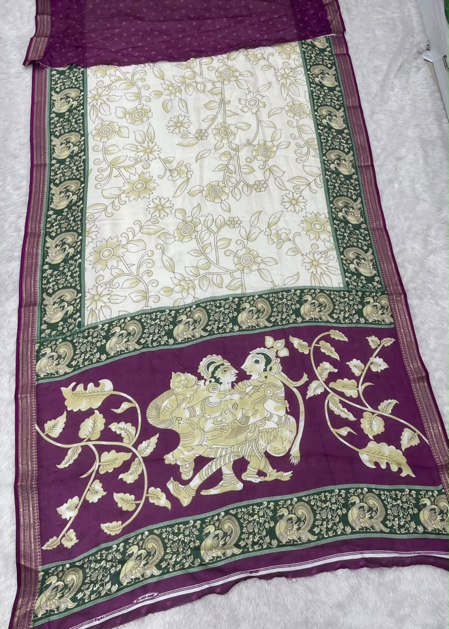 CP-7227 BURJ KHALIFA FABRIC SAREE WITH RICH PALLU DESIGN WITH BEAUTIFUL PRINT ON PALLU WITH PEACOCK DESIGN ON BORDER WITH FLORAL DESIGN ON BODY WITH BLOUSE