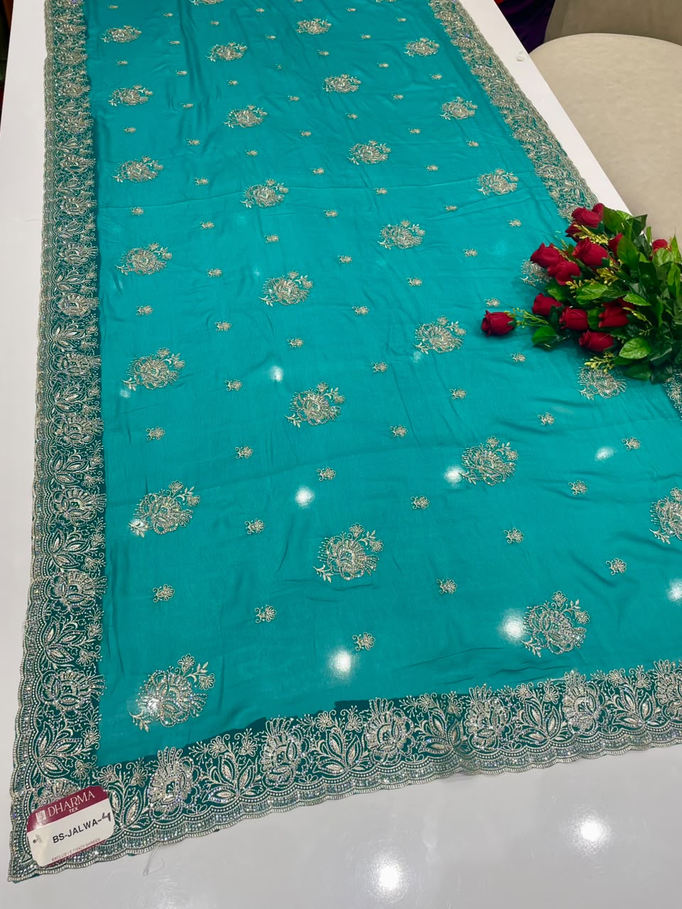 BS-JALWA-4 FENDI SAREE WITH SUPER HEAVY EMBORIDERY WORK WITH BOX THREAD WORK ON BODY WITH SEQUENCE WORK WITH FIRMA BLOUSE