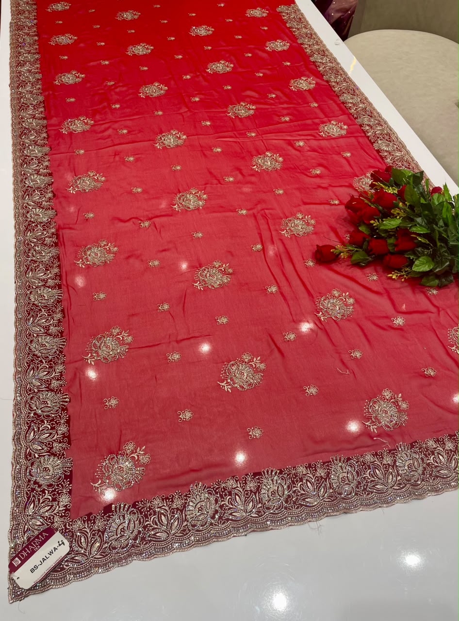 BS-JALWA-4 FENDI SAREE WITH SUPER HEAVY EMBORIDERY WORK WITH BOX THREAD WORK ON BODY WITH SEQUENCE WORK WITH FIRMA BLOUSE