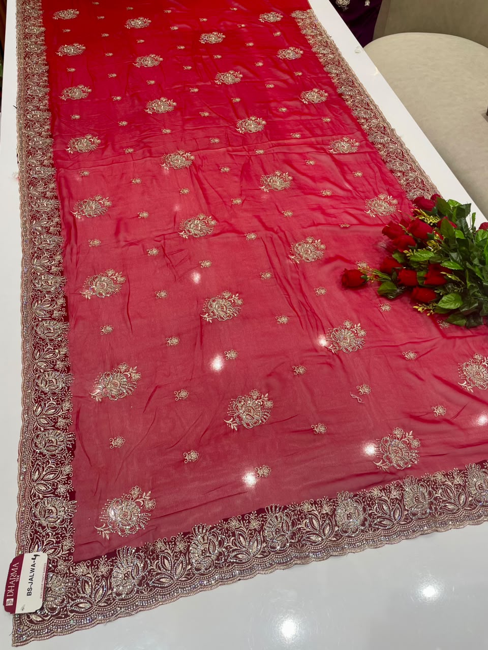 BS-JALWA-4 FENDI SAREE WITH SUPER HEAVY EMBORIDERY WORK WITH BOX THREAD WORK ON BODY WITH SEQUENCE WORK WITH FIRMA BLOUSE