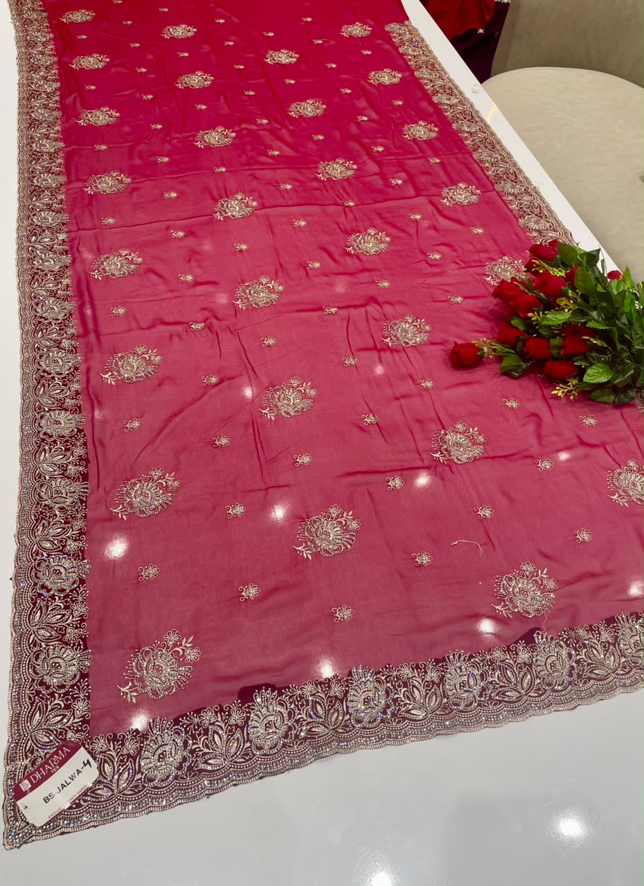 BS-JALWA-4 FENDI SAREE WITH SUPER HEAVY EMBORIDERY WORK WITH BOX THREAD WORK ON BODY WITH SEQUENCE WORK WITH FIRMA BLOUSE