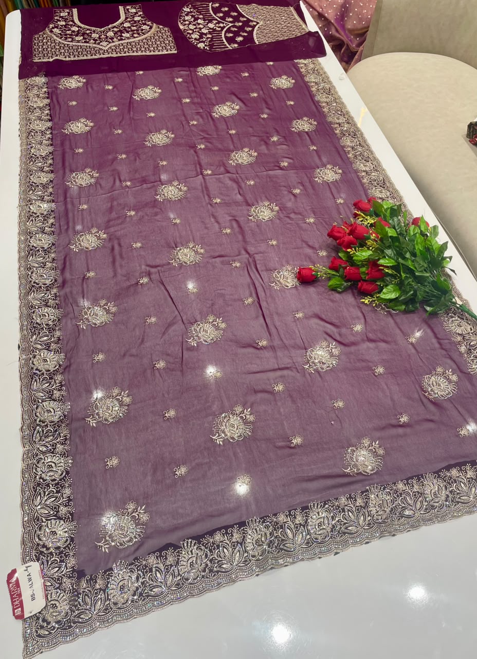 BS-JALWA-4 FENDI SAREE WITH SUPER HEAVY EMBORIDERY WORK WITH BOX THREAD WORK ON BODY WITH SEQUENCE WORK WITH FIRMA BLOUSE