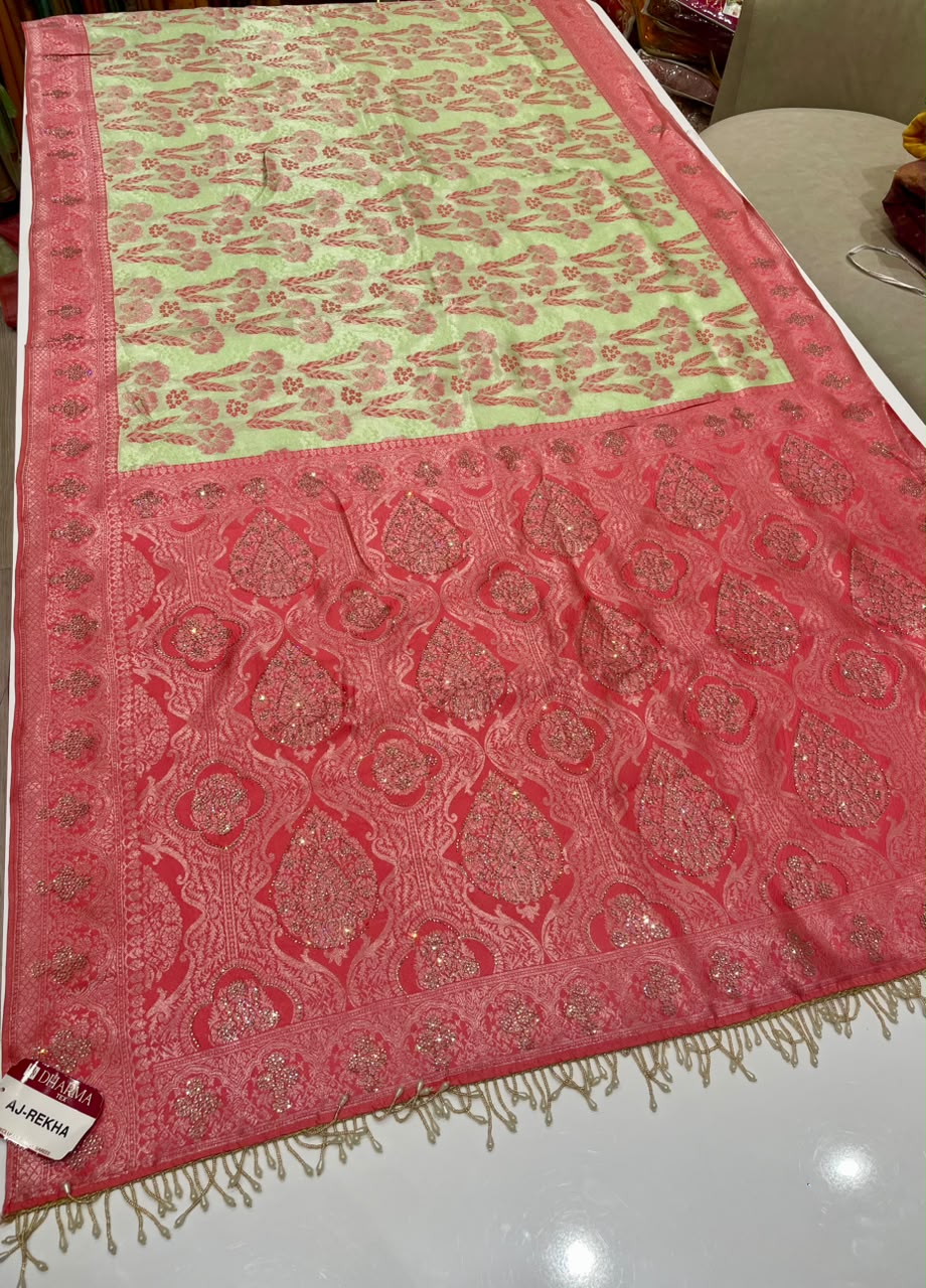 AJ-REKHA FANCY SOFT SILK FABRIC SAREE WITH BEAUTIFUL DESIGN WITH RICH PALLU DESIGN WITH SIROSKI WORK ON SAREE WITH BEAUTIFUL DESIGN WITH HEAVY TASSELS WITH BLOUSE