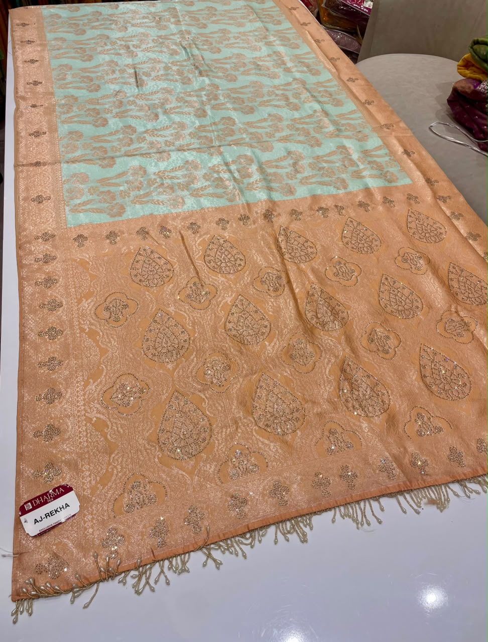 AJ-REKHA FANCY SOFT SILK FABRIC SAREE WITH BEAUTIFUL DESIGN WITH RICH PALLU DESIGN WITH SIROSKI WORK ON SAREE WITH BEAUTIFUL DESIGN WITH HEAVY TASSELS WITH BLOUSE