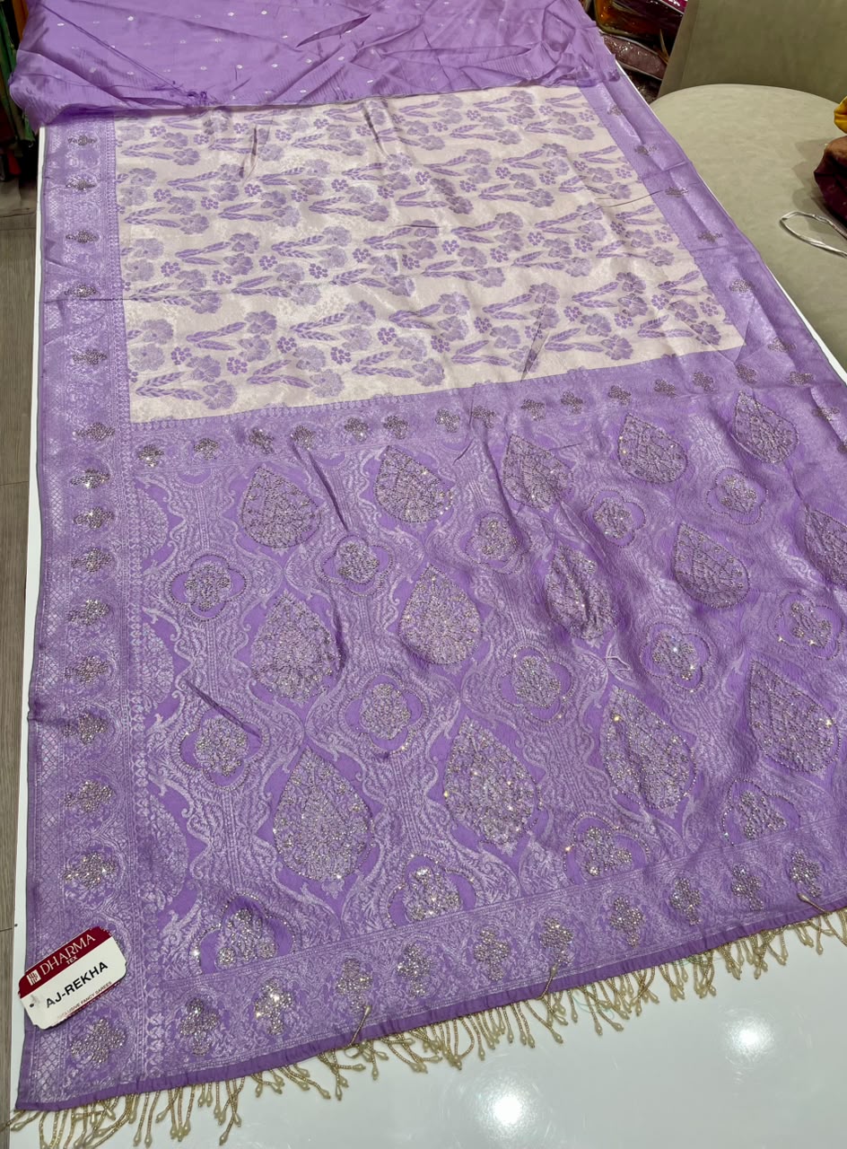 AJ-REKHA FANCY SOFT SILK FABRIC SAREE WITH BEAUTIFUL DESIGN WITH RICH PALLU DESIGN WITH SIROSKI WORK ON SAREE WITH BEAUTIFUL DESIGN WITH HEAVY TASSELS WITH BLOUSE
