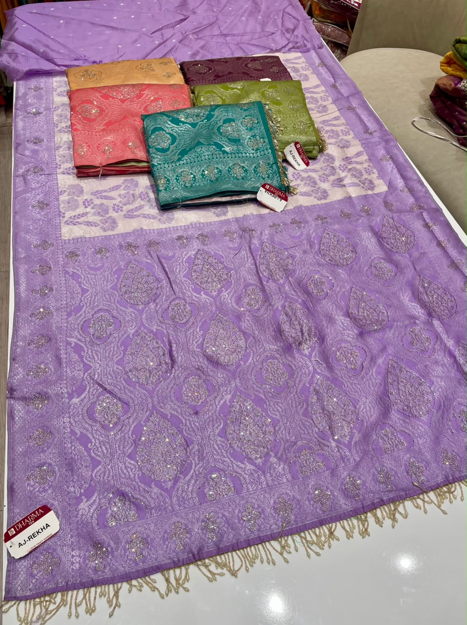 AJ-REKHA FANCY SOFT SILK FABRIC SAREE WITH BEAUTIFUL DESIGN WITH RICH PALLU DESIGN WITH SIROSKI WORK ON SAREE WITH BEAUTIFUL DESIGN WITH HEAVY TASSELS WITH BLOUSE