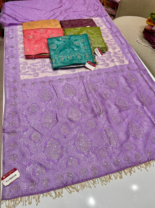 AJ-REKHA FANCY SOFT SILK FABRIC SAREE WITH BEAUTIFUL DESIGN WITH RICH PALLU DESIGN WITH SIROSKI WORK ON SAREE WITH BEAUTIFUL DESIGN WITH HEAVY TASSELS WITH BLOUSE