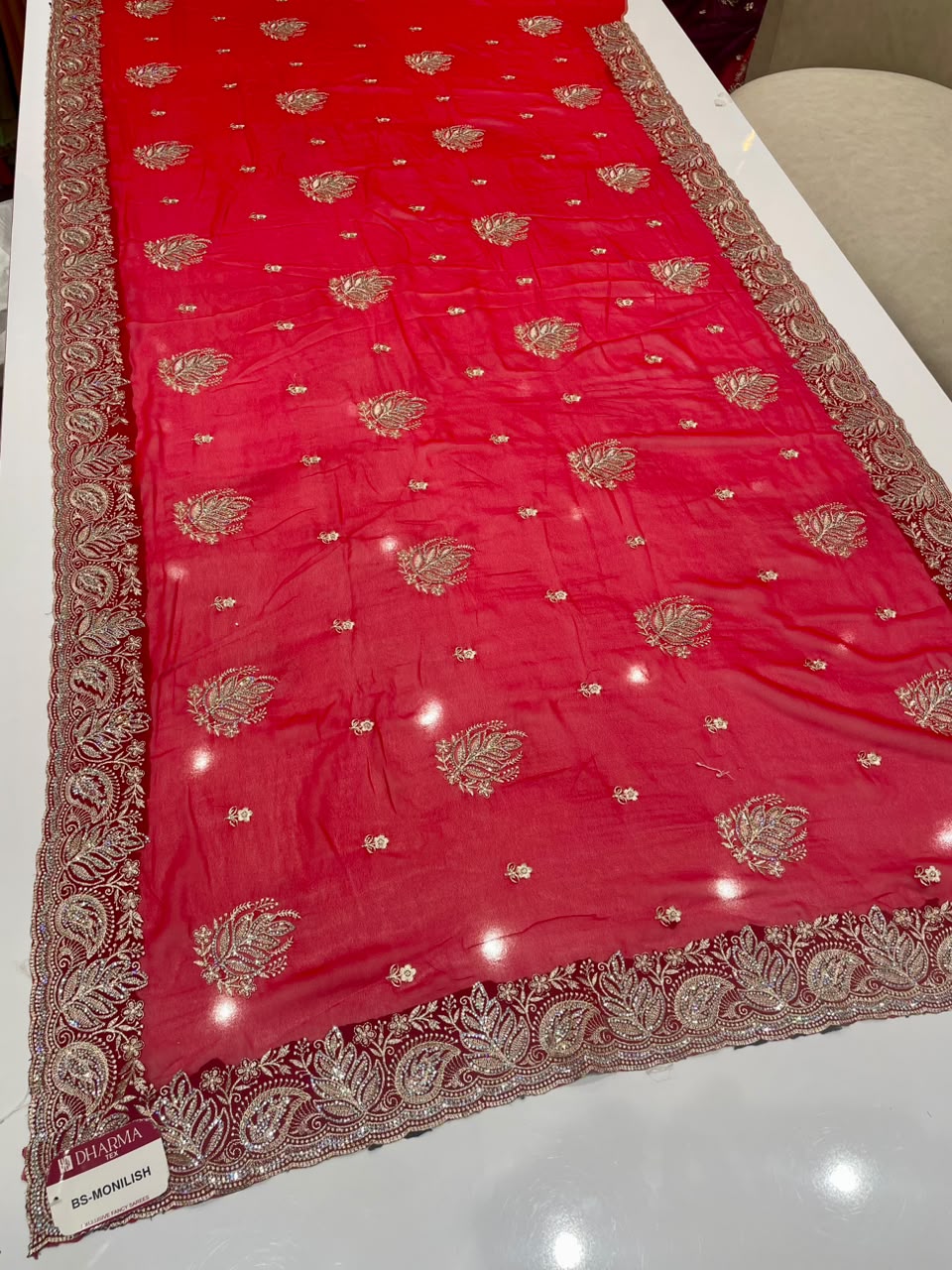BS-MONALISA FENDI SATIN FABRIIC SAREE WITH EMBROIDERY WORK WITH BEAUTIFUL DESIGN WITH DMC SIRSOSKI WORK WITH BEAUTIFUL CUTWORK WITH BEATIFUL BLOUSE
