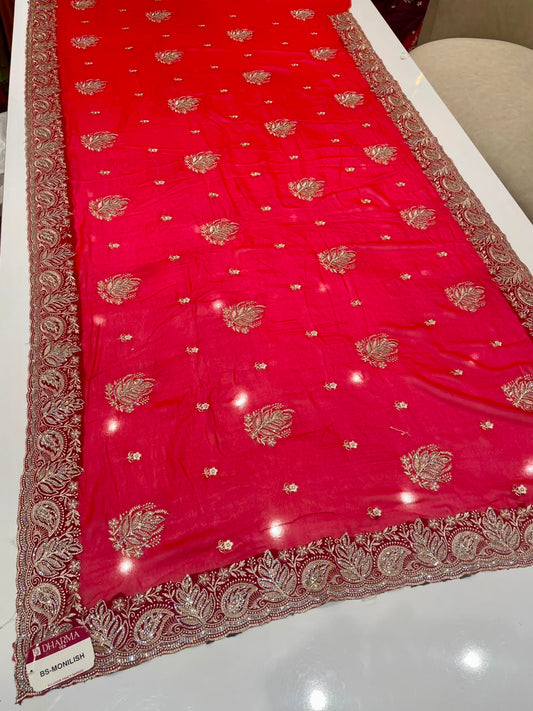 BS-MONALISA FENDI SATIN FABRIIC SAREE WITH EMBROIDERY WORK WITH BEAUTIFUL DESIGN WITH DMC SIRSOSKI WORK WITH BEAUTIFUL CUTWORK WITH BEATIFUL BLOUSE