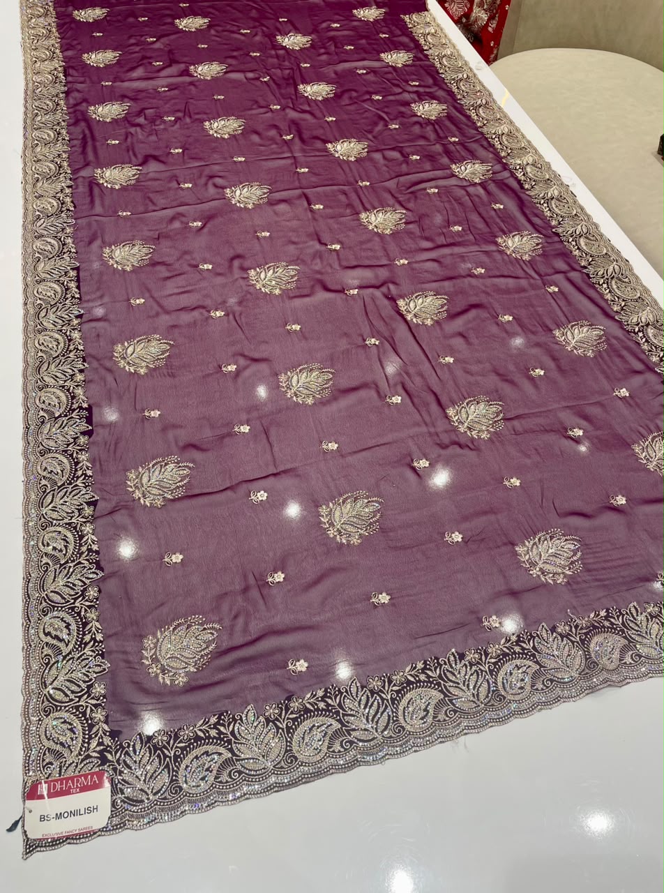 BS-MONALISA FENDI SATIN FABRIIC SAREE WITH EMBROIDERY WORK WITH BEAUTIFUL DESIGN WITH DMC SIRSOSKI WORK WITH BEAUTIFUL CUTWORK WITH BEATIFUL BLOUSE