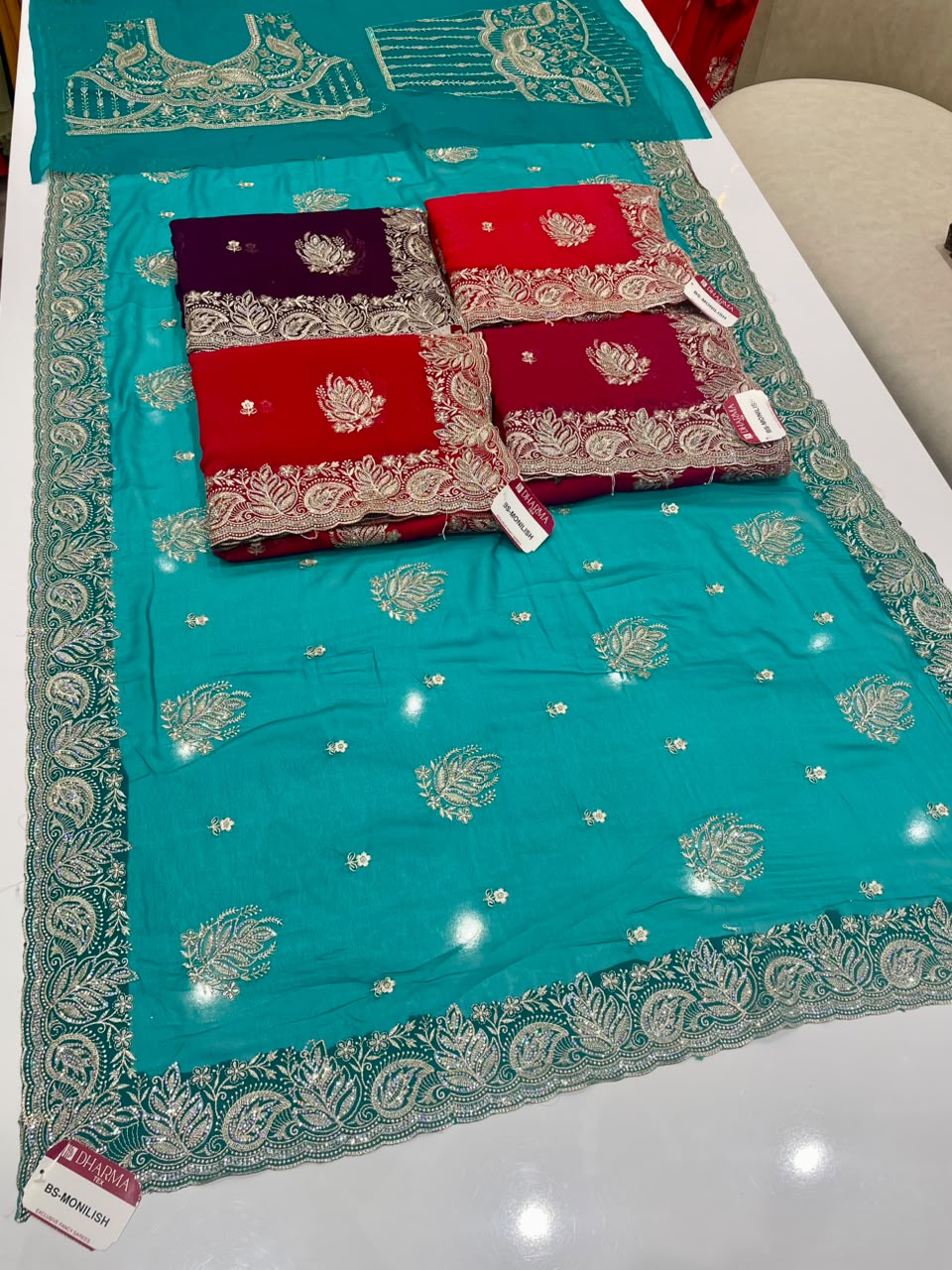 BS-MONALISA FENDI SATIN FABRIIC SAREE WITH EMBROIDERY WORK WITH BEAUTIFUL DESIGN WITH DMC SIRSOSKI WORK WITH BEAUTIFUL CUTWORK WITH BEATIFUL BLOUSE