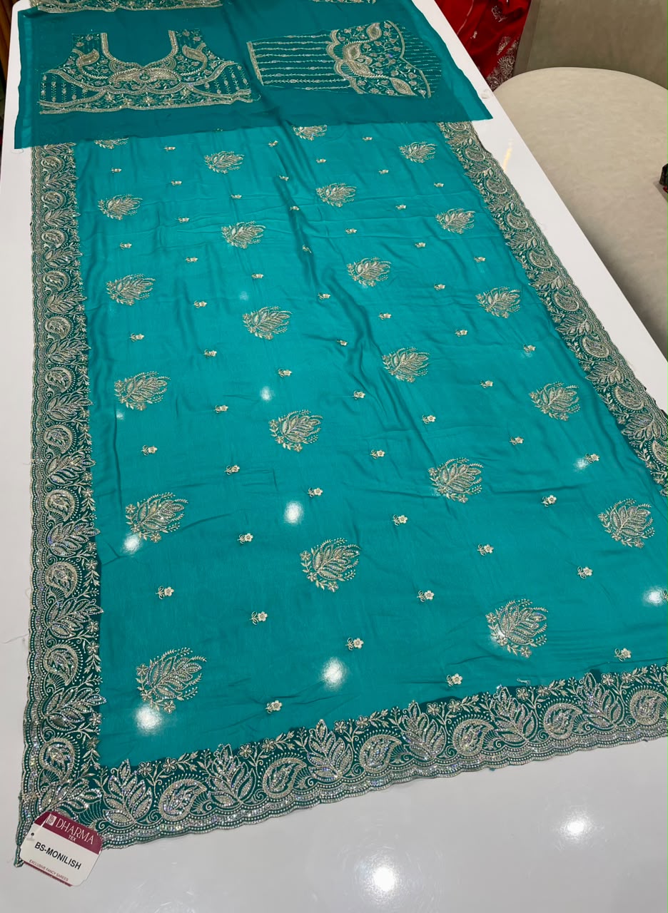 BS-MONALISA FENDI SATIN FABRIIC SAREE WITH EMBROIDERY WORK WITH BEAUTIFUL DESIGN WITH DMC SIRSOSKI WORK WITH BEAUTIFUL CUTWORK WITH BEATIFUL BLOUSE