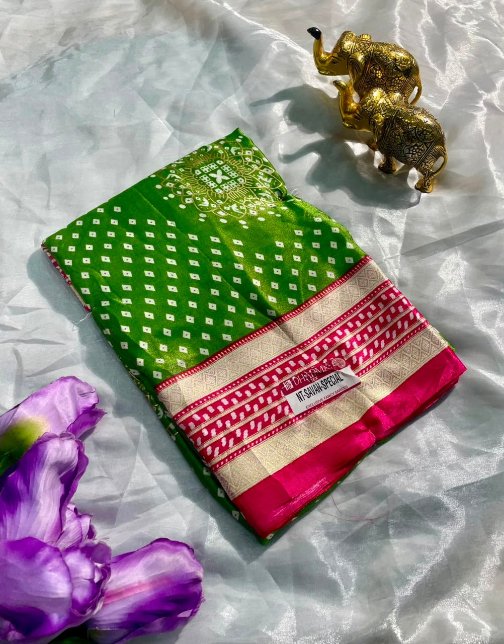 NT-SAVAN SPECIAL PREMIUM SOFT MOSS FOIL SAREE WITH ELEGANT BANDHANI FOIL PRINT, RICH CONTRAST BORDER, LIGHTWEIGHT DRAPE, AND PERFECT COMFORT FOR SAVAN DAYS WEAR WITH BEAUTIFUL BLOUSE