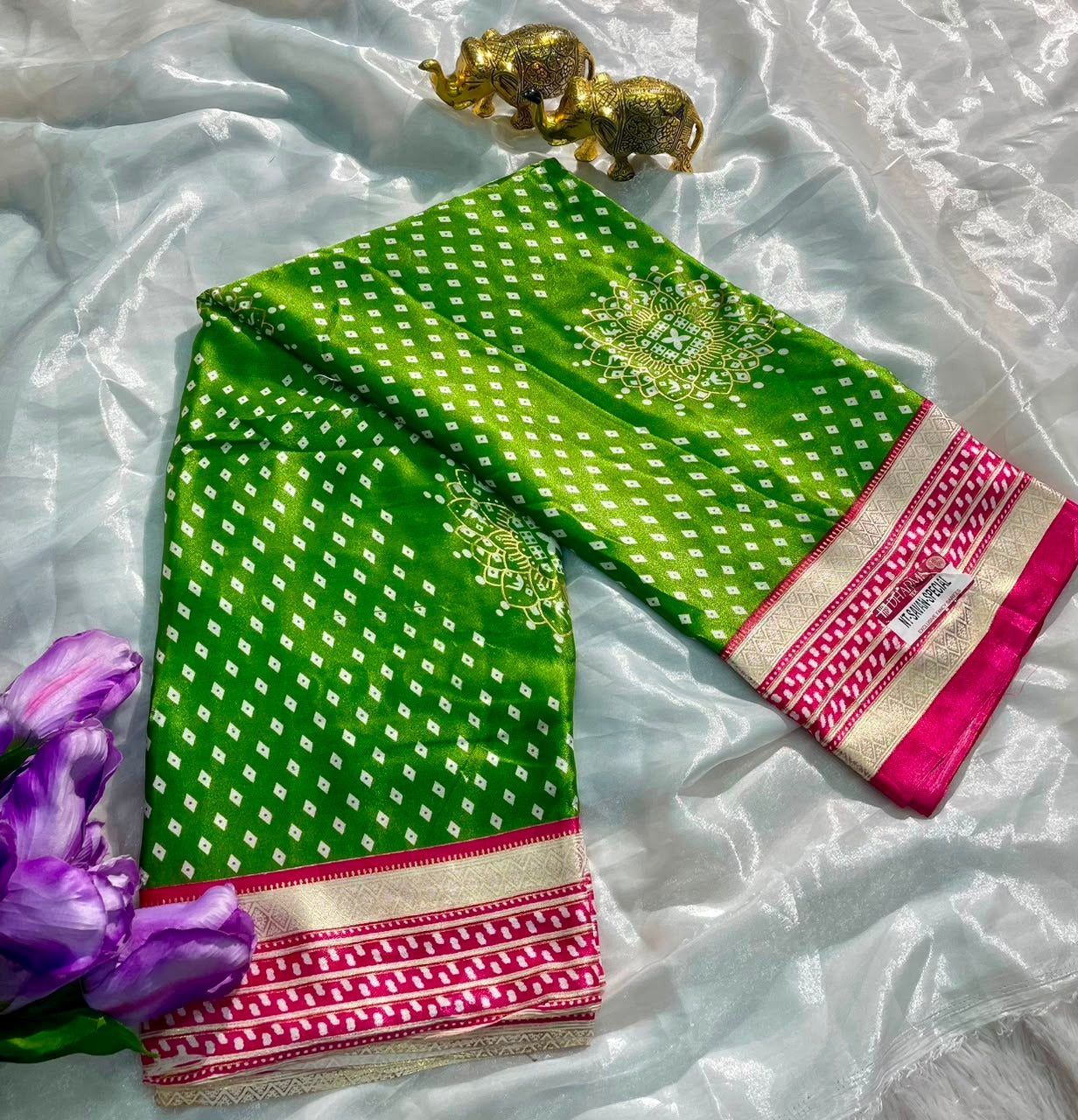NT-SAVAN SPECIAL PREMIUM SOFT MOSS FOIL SAREE WITH ELEGANT BANDHANI FOIL PRINT, RICH CONTRAST BORDER, LIGHTWEIGHT DRAPE, AND PERFECT COMFORT FOR SAVAN DAYS WEAR WITH BEAUTIFUL BLOUSE