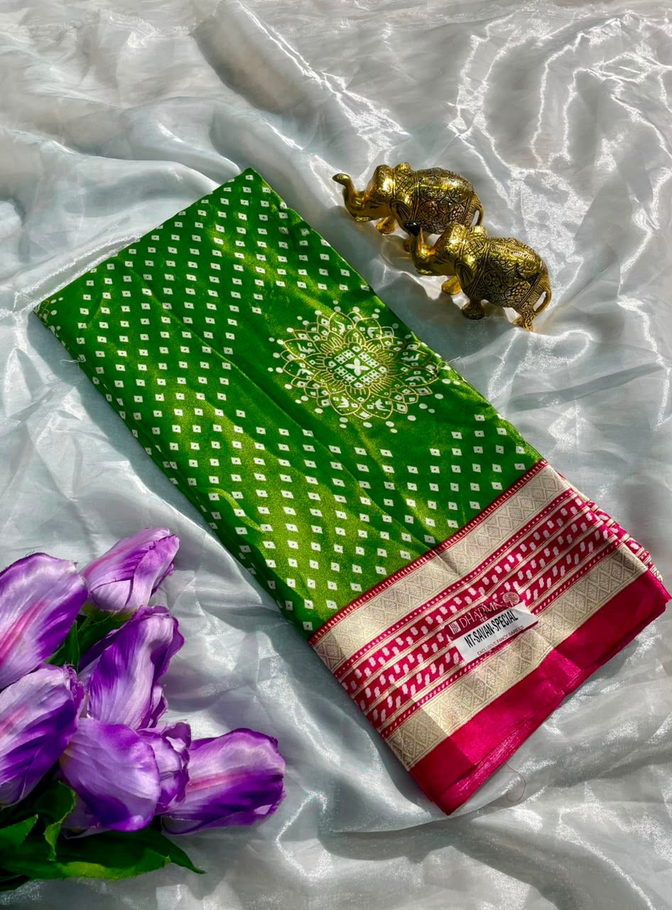 NT-SAVAN SPECIAL PREMIUM SOFT MOSS FOIL SAREE WITH ELEGANT BANDHANI FOIL PRINT, RICH CONTRAST BORDER, LIGHTWEIGHT DRAPE, AND PERFECT COMFORT FOR SAVAN DAYS WEAR WITH BEAUTIFUL BLOUSE