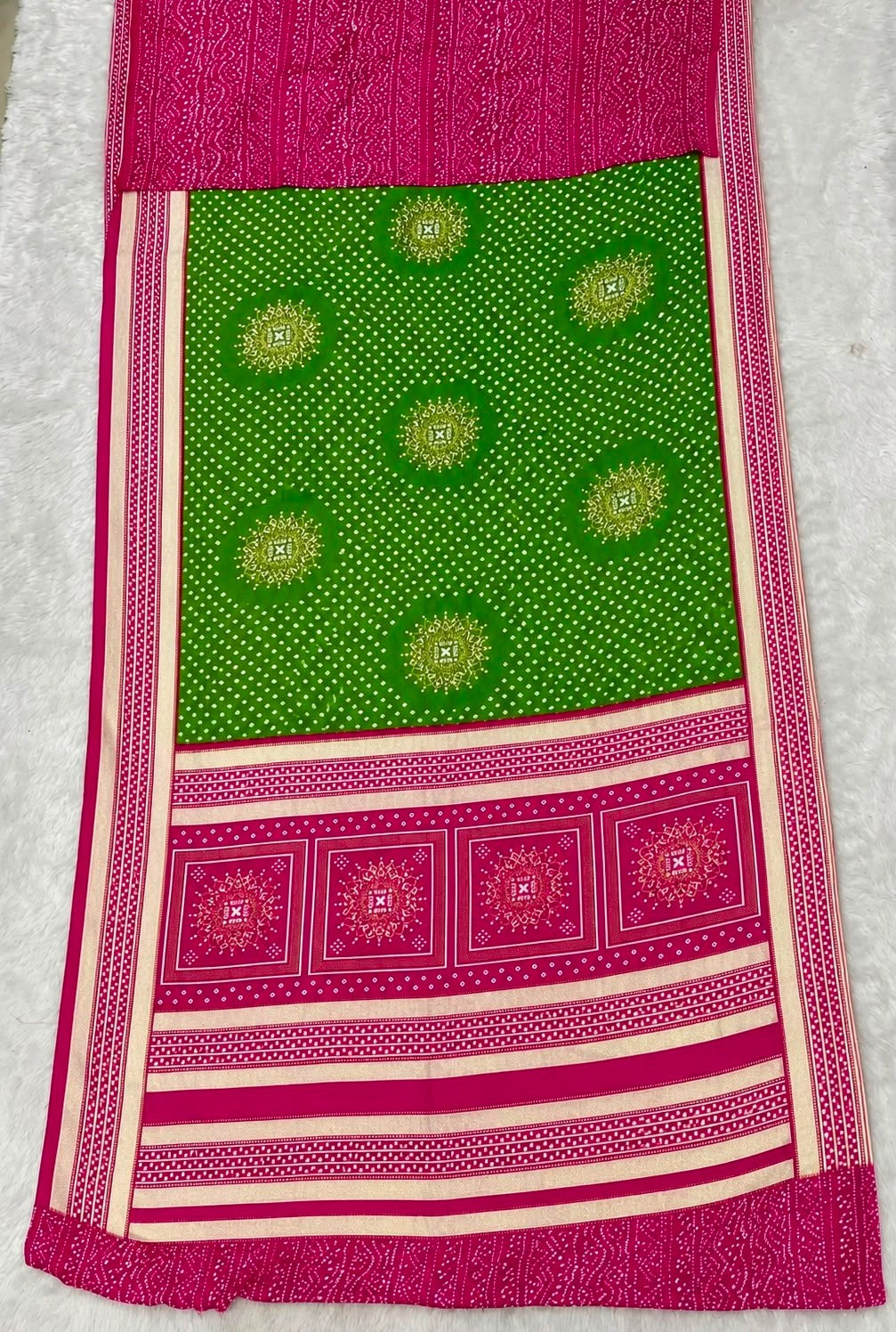 NT-SAVAN SPECIAL PREMIUM SOFT MOSS FOIL SAREE WITH ELEGANT BANDHANI FOIL PRINT, RICH CONTRAST BORDER, LIGHTWEIGHT DRAPE, AND PERFECT COMFORT FOR SAVAN DAYS WEAR WITH BEAUTIFUL BLOUSE