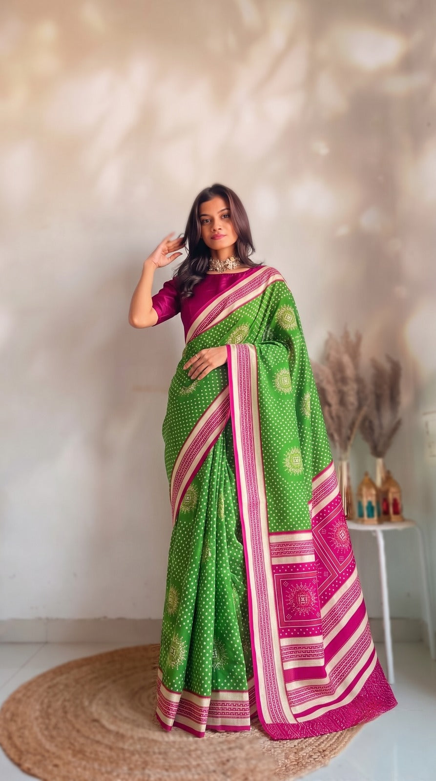 NT-SAVAN SPECIAL PREMIUM SOFT MOSS FOIL SAREE WITH ELEGANT BANDHANI FOIL PRINT, RICH CONTRAST BORDER, LIGHTWEIGHT DRAPE, AND PERFECT COMFORT FOR SAVAN DAYS WEAR WITH BEAUTIFUL BLOUSE