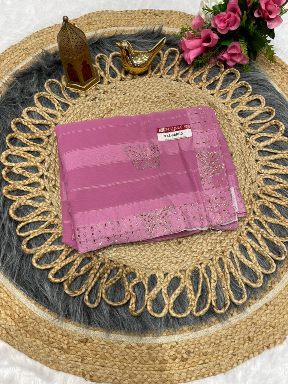 KAS-CARGO PATTERN FABRIC SAREE WITH BEAUTIFUL SIROSKI WORK WITHG FANCY WORK WITH BEAUTIFUL BLOUSE