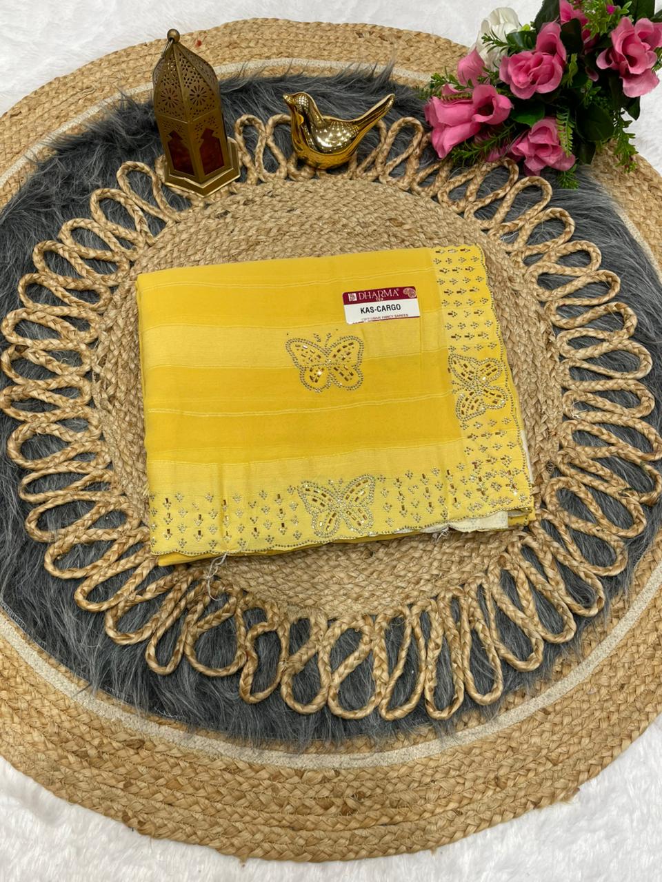 KAS-CARGO PATTERN FABRIC SAREE WITH BEAUTIFUL SIROSKI WORK WITHG FANCY WORK WITH BEAUTIFUL BLOUSE