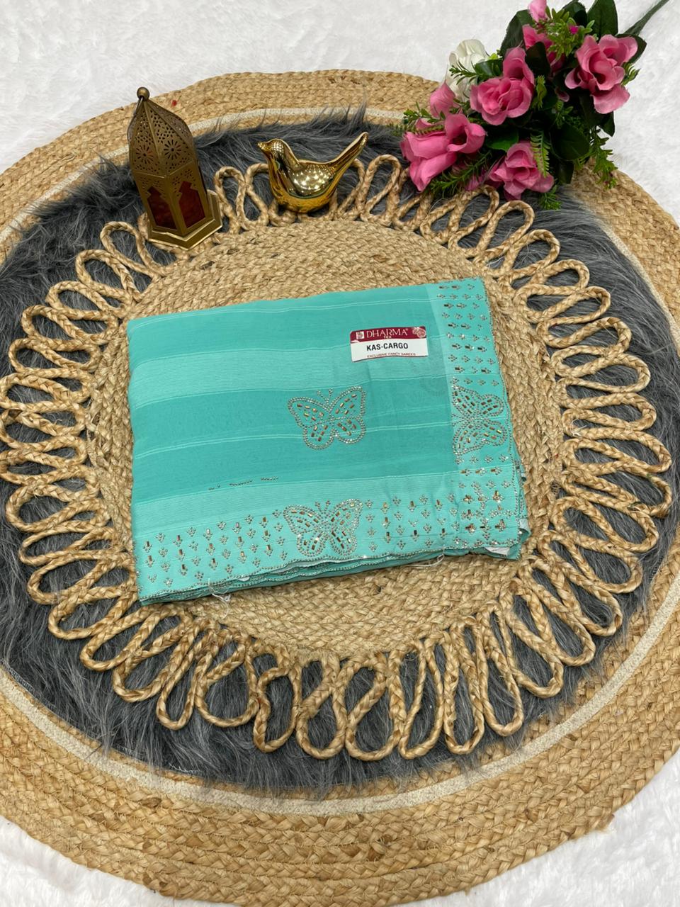 KAS-CARGO PATTERN FABRIC SAREE WITH BEAUTIFUL SIROSKI WORK WITHG FANCY WORK WITH BEAUTIFUL BLOUSE