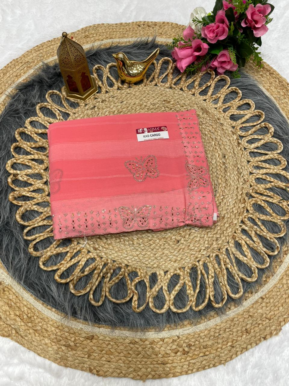 KAS-CARGO PATTERN FABRIC SAREE WITH BEAUTIFUL SIROSKI WORK WITHG FANCY WORK WITH BEAUTIFUL BLOUSE