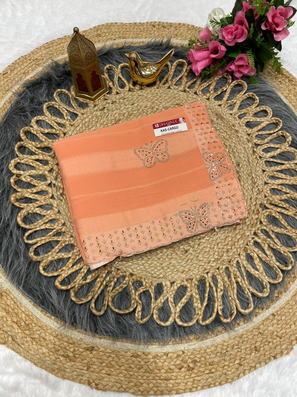 KAS-CARGO PATTERN FABRIC SAREE WITH BEAUTIFUL SIROSKI WORK WITHG FANCY WORK WITH BEAUTIFUL BLOUSE