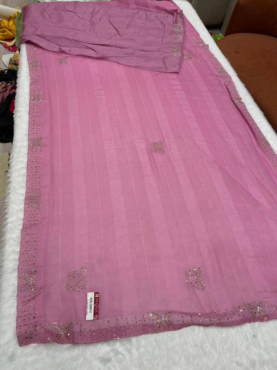 KAS-CARGO PATTERN FABRIC SAREE WITH BEAUTIFUL SIROSKI WORK WITHG FANCY WORK WITH BEAUTIFUL BLOUSE