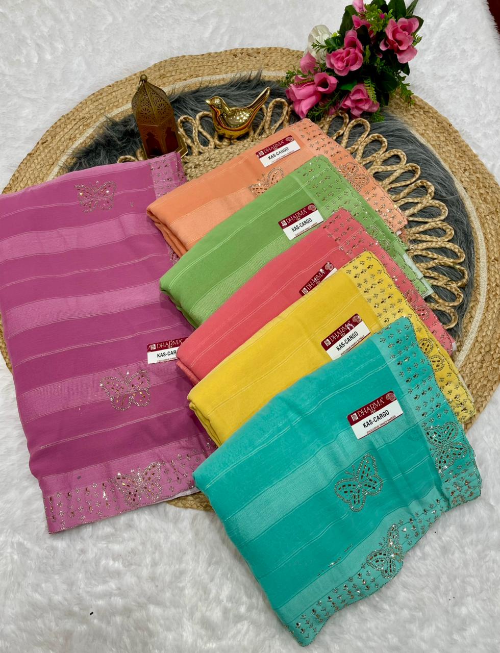 KAS-CARGO PATTERN FABRIC SAREE WITH BEAUTIFUL SIROSKI WORK WITHG FANCY WORK WITH BEAUTIFUL BLOUSE