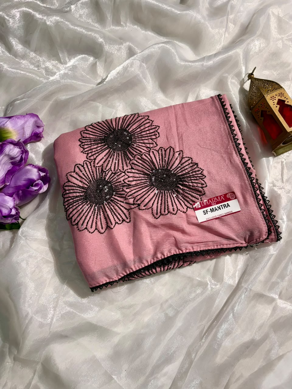 SF-MANTRA CHOCOLATE FABRIC SAREE WITH ELEGANT FLORAL EMBROIDERY WORK AND BEADS WORK, PAIRED WITH A LOVELY MATCHING BLOUSE