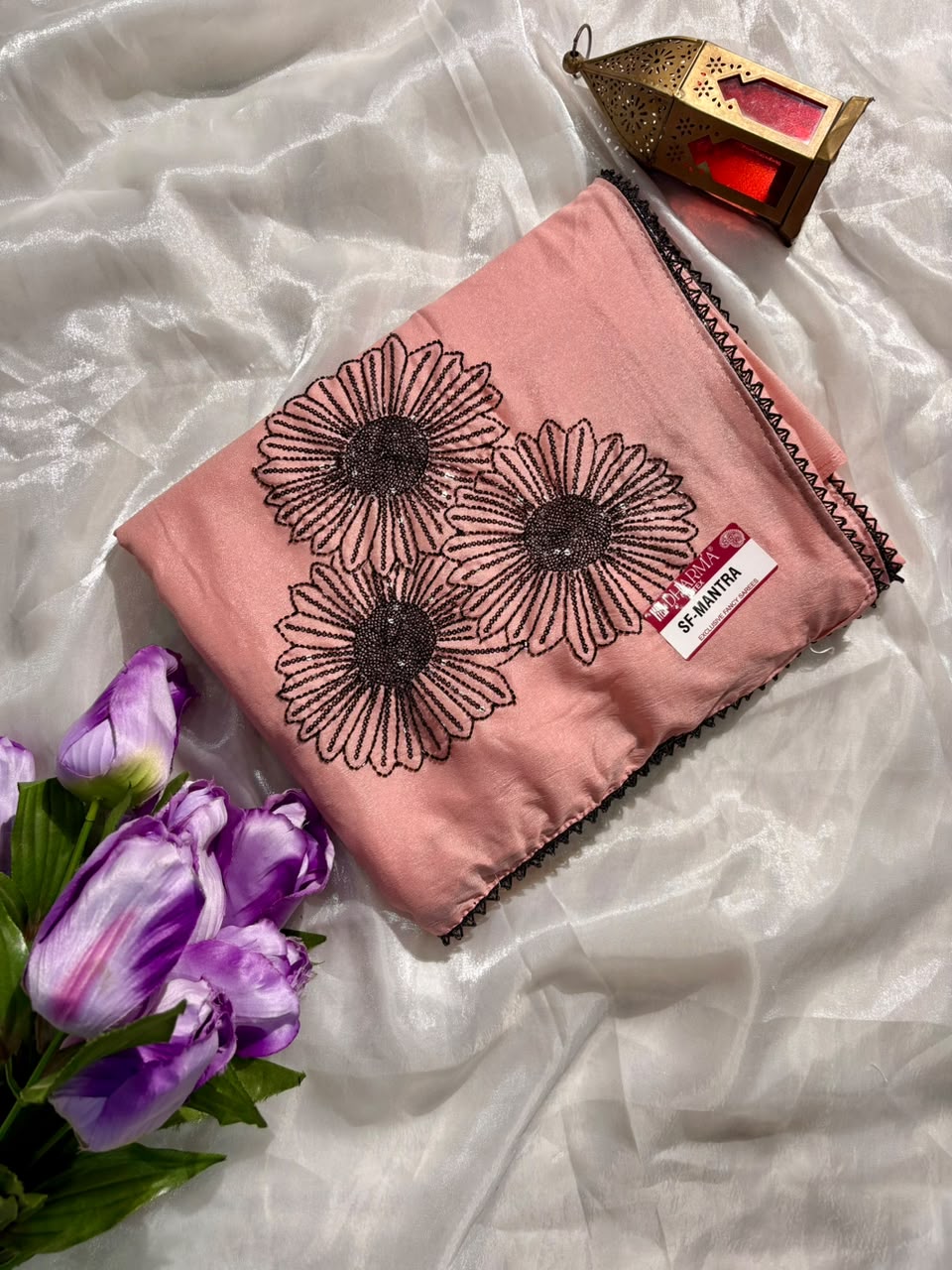 SF-MANTRA CHOCOLATE FABRIC SAREE WITH ELEGANT FLORAL EMBROIDERY WORK AND BEADS WORK, PAIRED WITH A LOVELY MATCHING BLOUSE
