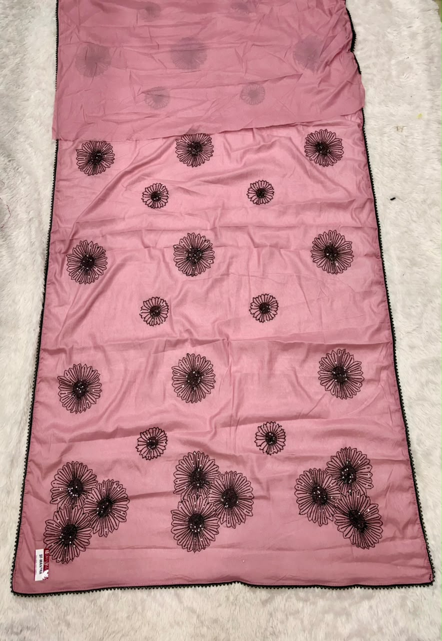 SF-MANTRA CHOCOLATE FABRIC SAREE WITH ELEGANT FLORAL EMBROIDERY WORK AND BEADS WORK, PAIRED WITH A LOVELY MATCHING BLOUSE