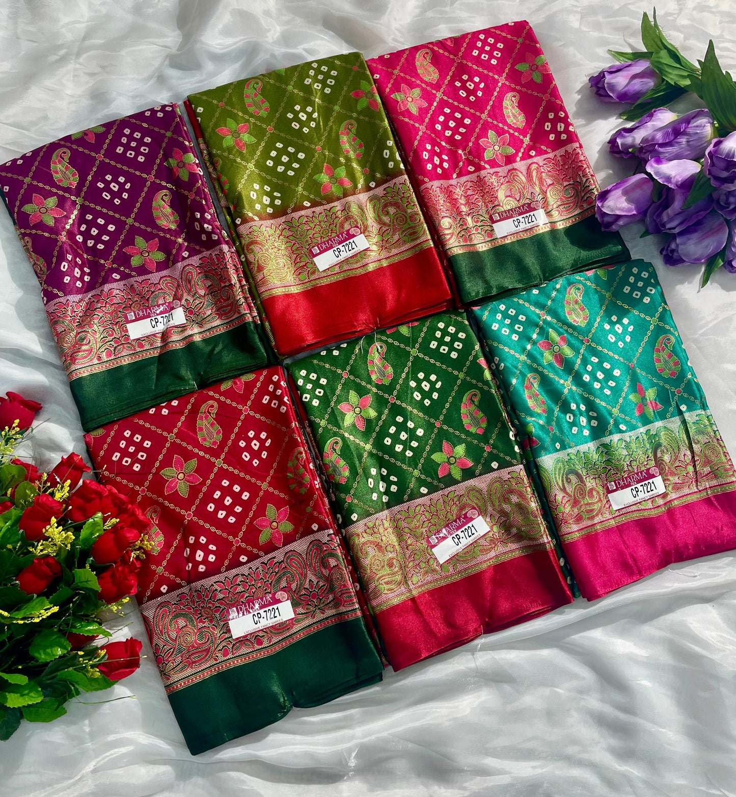 CP-7221 BRIGHT MOSS FABRIC SAREE WITH BEAUTIFUL DESIGN WITH RICH PALLU DESIGN WITH FLORAL PRINT BORDER WITH BLOUSE