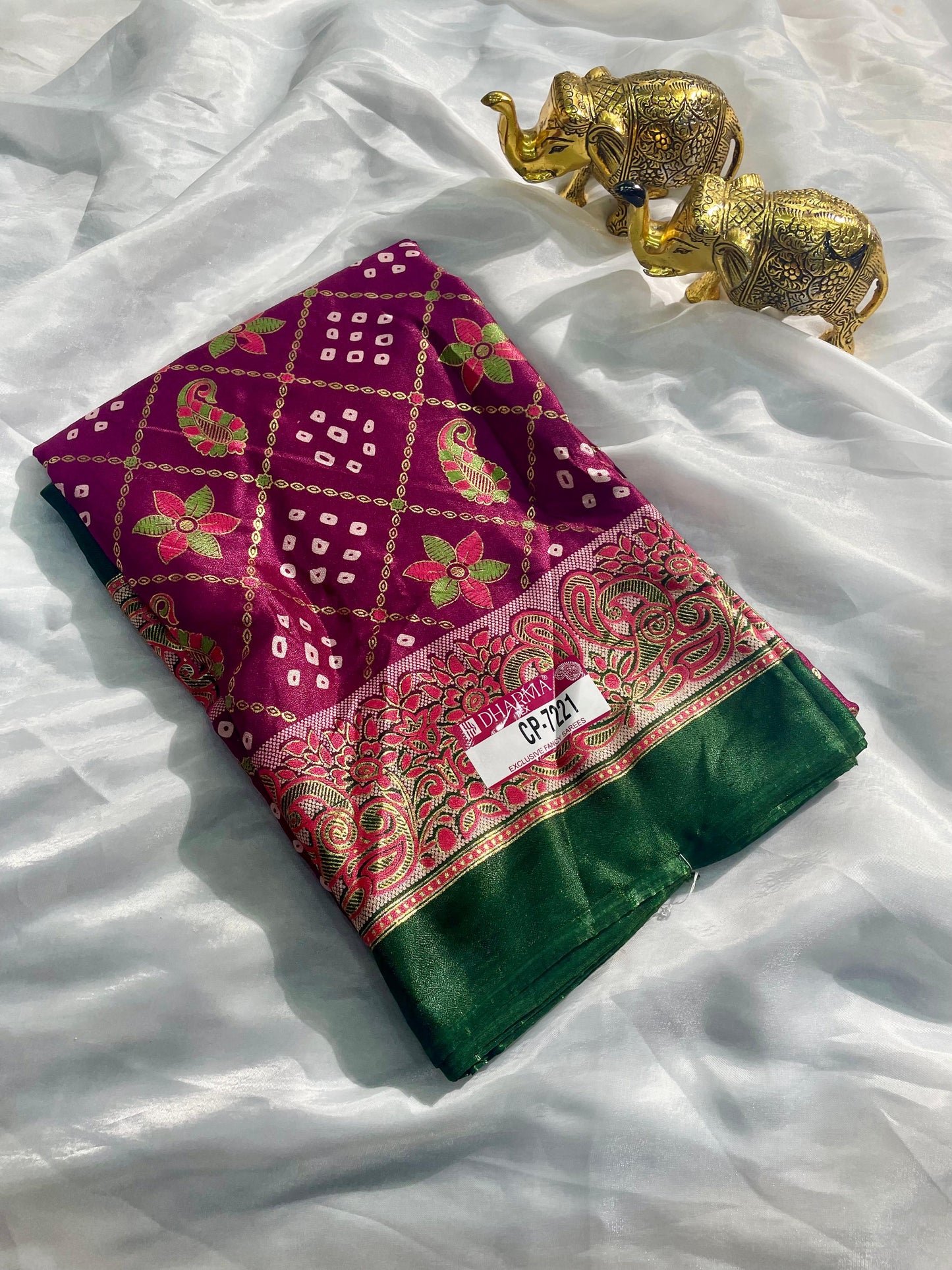 CP-7221 BRIGHT MOSS FABRIC SAREE WITH BEAUTIFUL DESIGN WITH RICH PALLU DESIGN WITH FLORAL PRINT BORDER WITH BLOUSE