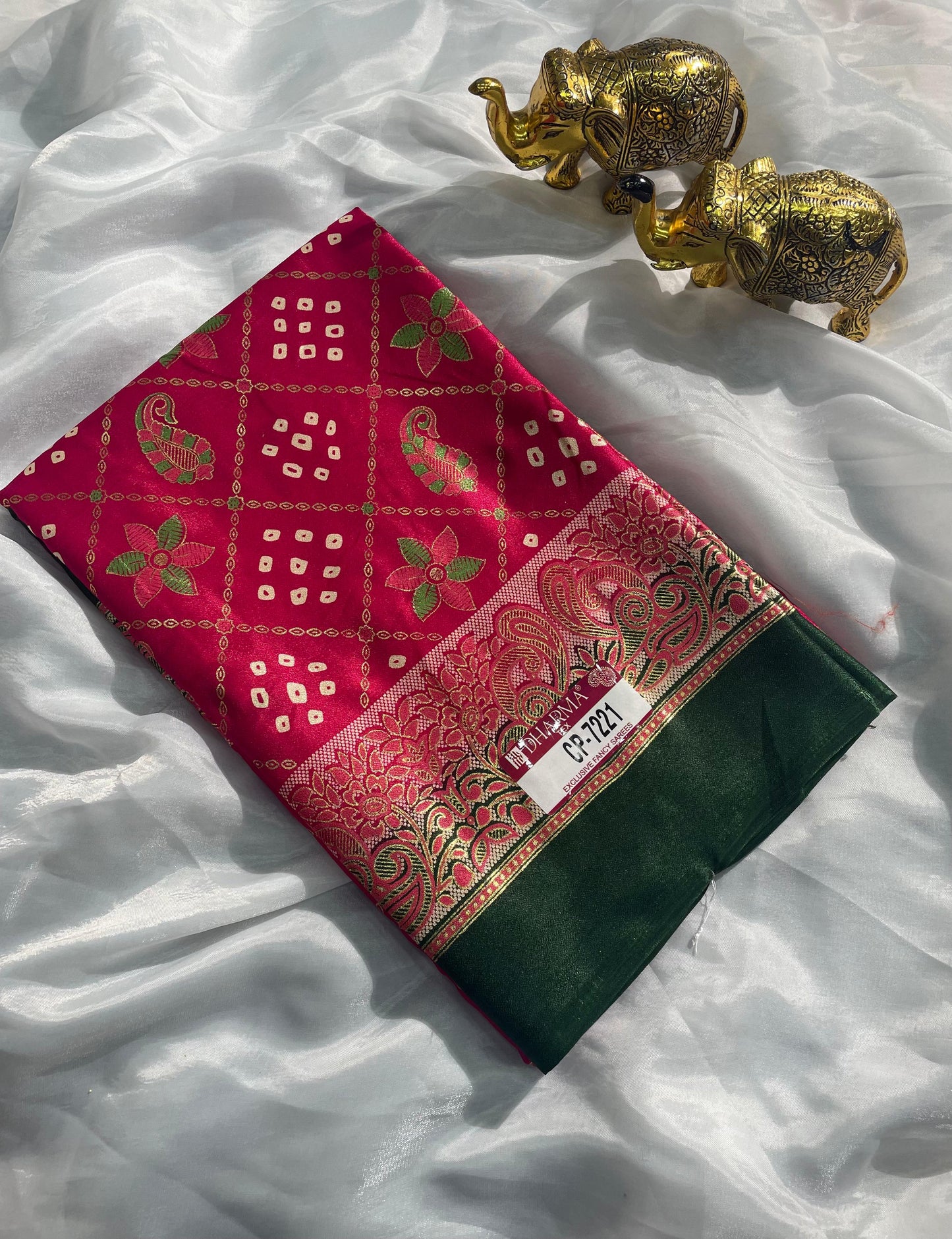 CP-7221 BRIGHT MOSS FABRIC SAREE WITH BEAUTIFUL DESIGN WITH RICH PALLU DESIGN WITH FLORAL PRINT BORDER WITH BLOUSE