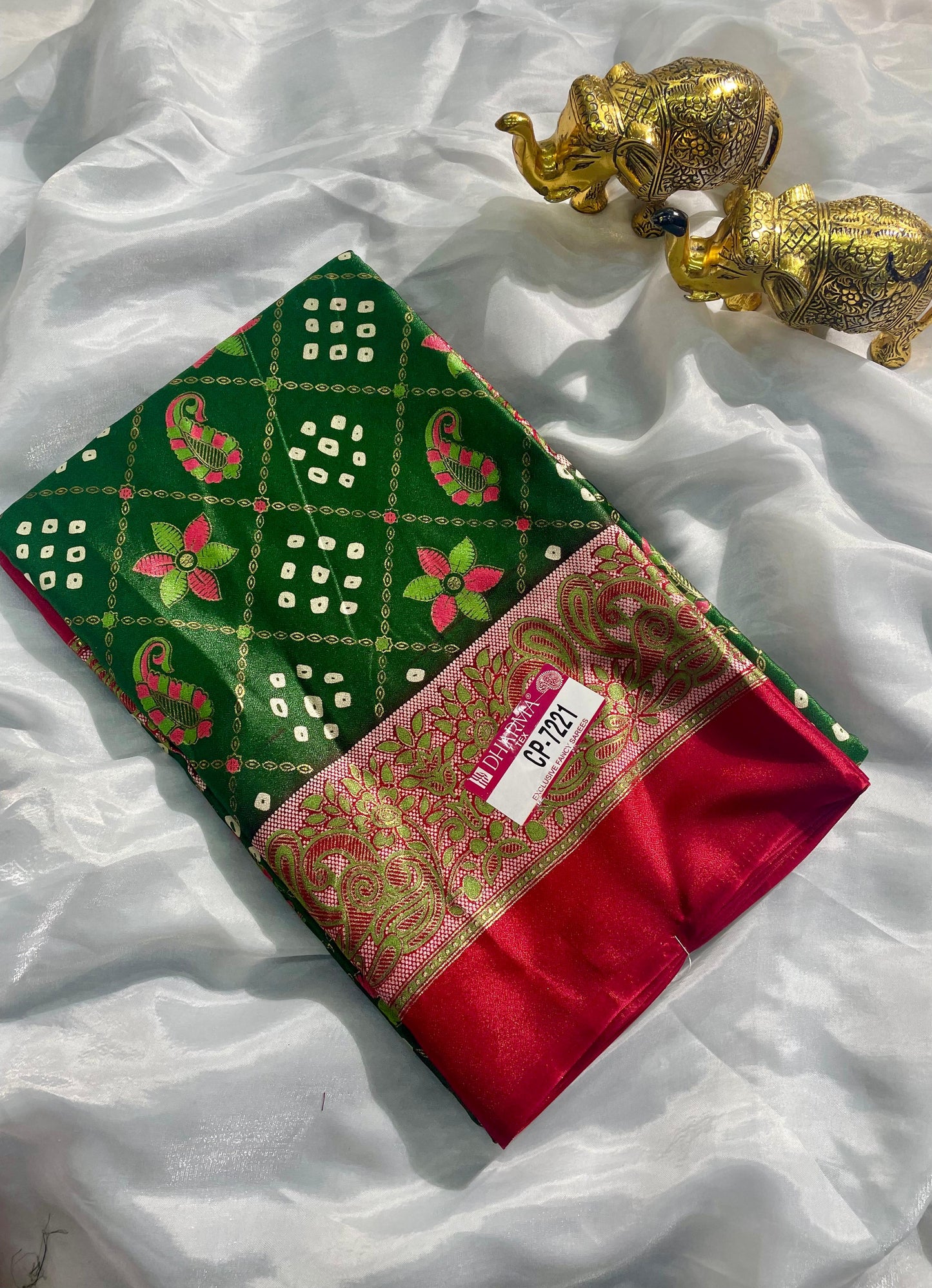 CP-7221 BRIGHT MOSS FABRIC SAREE WITH BEAUTIFUL DESIGN WITH RICH PALLU DESIGN WITH FLORAL PRINT BORDER WITH BLOUSE