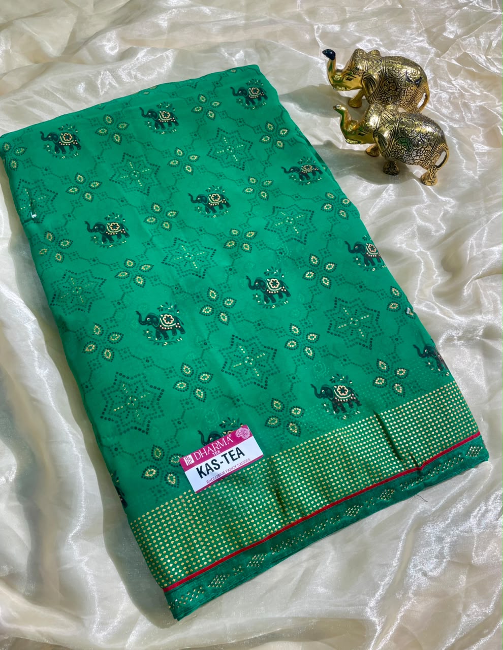 KAS-TEA SOFT FABRIC WITH BEAUTIFUL GREEN COLOUR CATALOGUE DESWIGN WITH FOIL WORK AND LOVELY SIROSKI WORK BORDER WITH BLOUSE
