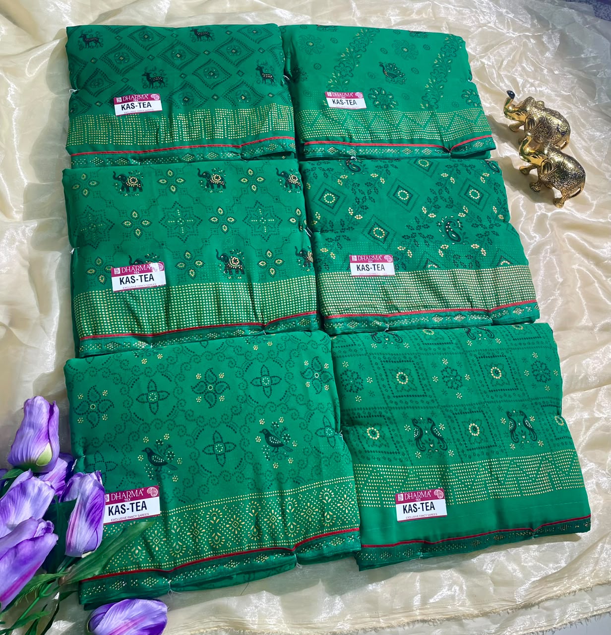 KAS-TEA SOFT FABRIC WITH BEAUTIFUL GREEN COLOUR CATALOGUE DESWIGN WITH FOIL WORK AND LOVELY SIROSKI WORK BORDER WITH BLOUSE