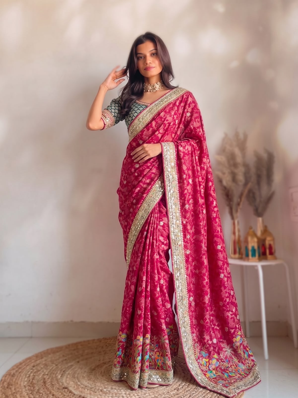 AJ-JIVIKA BEAUTIFUL POSITION FABRIC SAREE WITH HEAVY BEADS WORK ON ALL OVER BORDER WITH BODY AND PEACOCK PRINT WITH CONTRAST BLOUSE