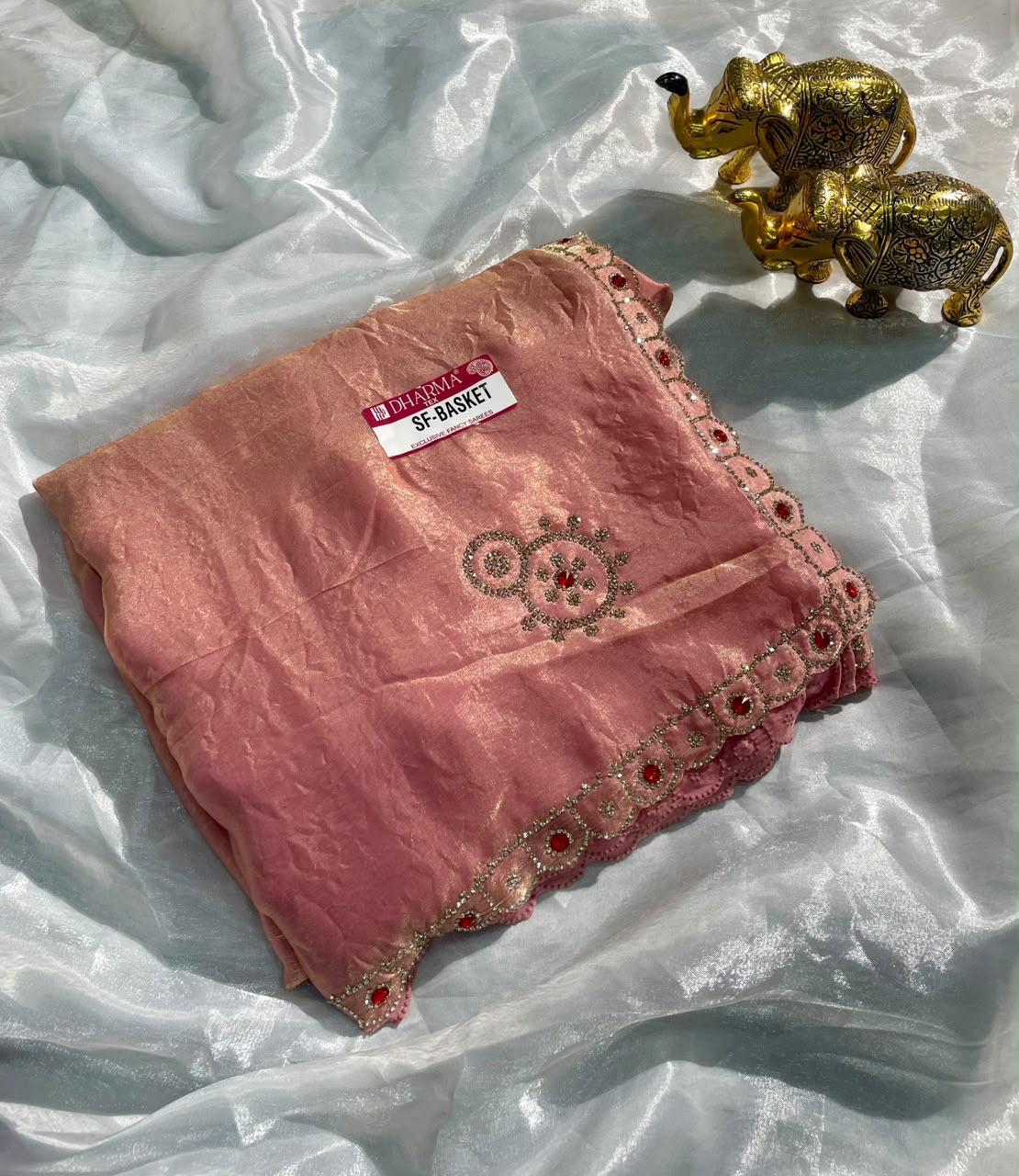 SF-BASKET FENDI SATIN FABRIC SAREE WITH BEAUTIFUL DESIGN WITH HEAVY JARKAN WORK ON SAREE WITH HEAVY BLOUSE