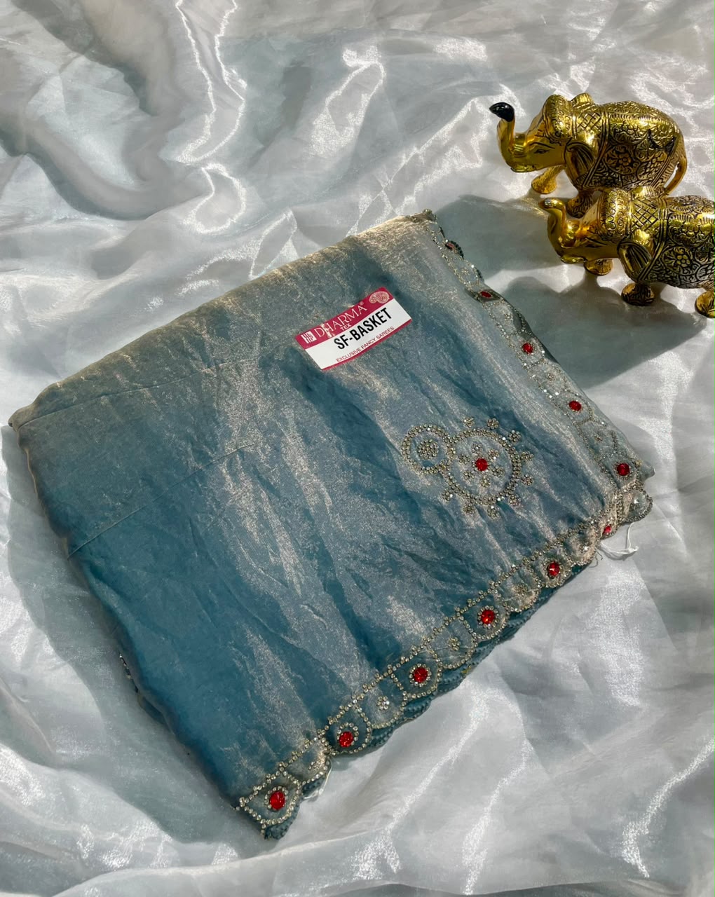 SF-BASKET FENDI SATIN FABRIC SAREE WITH BEAUTIFUL DESIGN WITH HEAVY JARKAN WORK ON SAREE WITH HEAVY BLOUSE